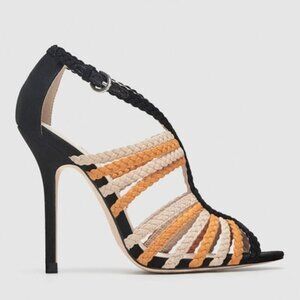 ZARA Leather Orange Black Beige Braided Stiletto Sandals Sz Us 5 Retro